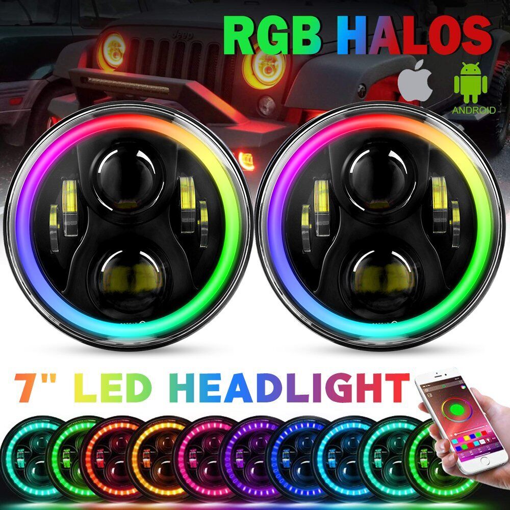 7''Inch RGB Halo LED Headlights DRL Lights Combo Kit For Jeep Wrangle