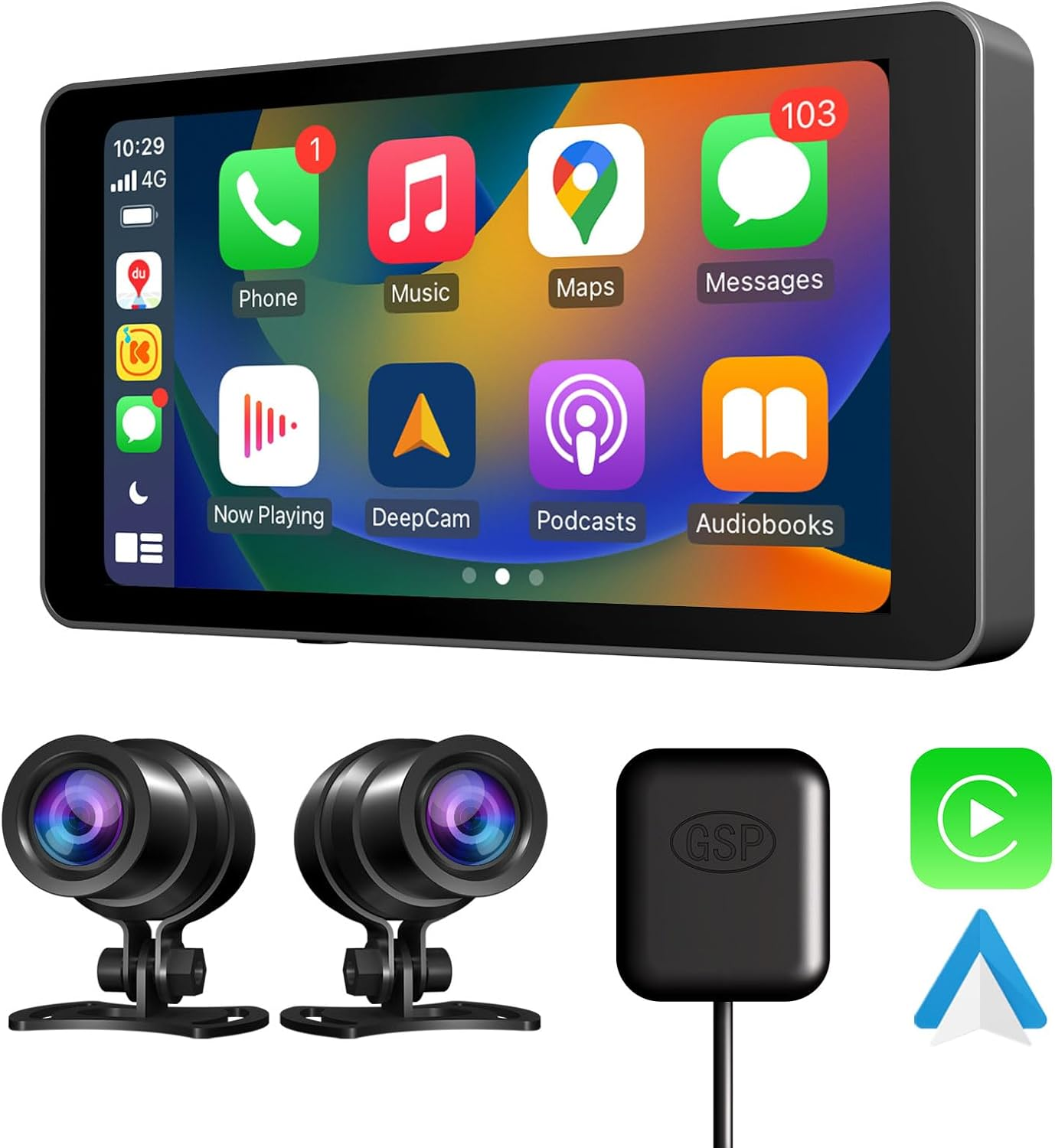 Motorcycle Wireless Carplay and Android Auto Navigation Dash Cam Front and Rear Camera