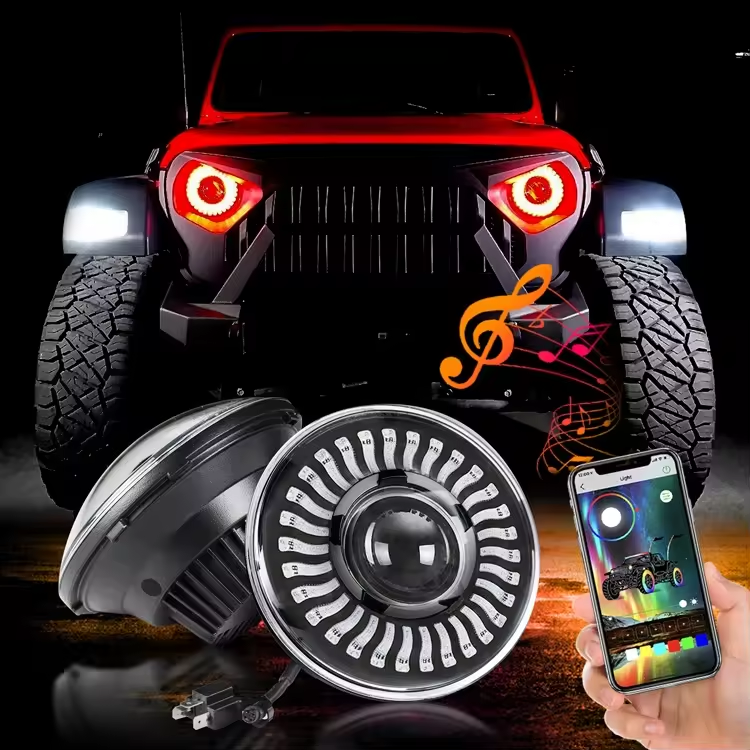 7 Inch Round LED Headlights 110W Chasing Color 3D Halo Ring By APP RF Control Hi/Lo Beam with DRL for Jeep Wrangler JK