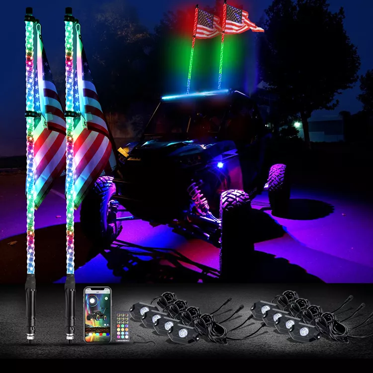 2pcs LED Whip Lights and Rock Lights Package with App and Remote Control Spiral Chase RGB 4/6/8 Pods Neon Light